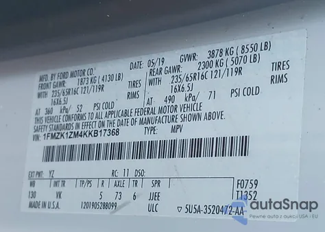 2019 Ford Transit-150 Xl из США, поврежденный, VIN 1FMZK1ZM4KKB17368